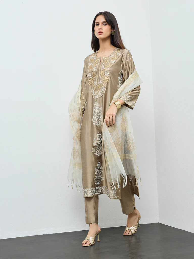 Vark Beige Embroidered A-Line Ethnic Set