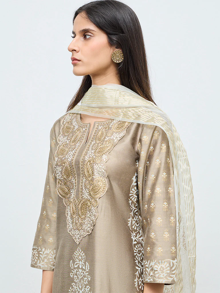 Vark Beige Embroidered A-Line Ethnic Set - Image 3