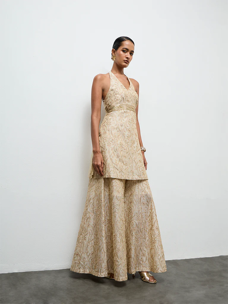 Vark Beige Embroidered A-Line Ethnic Set