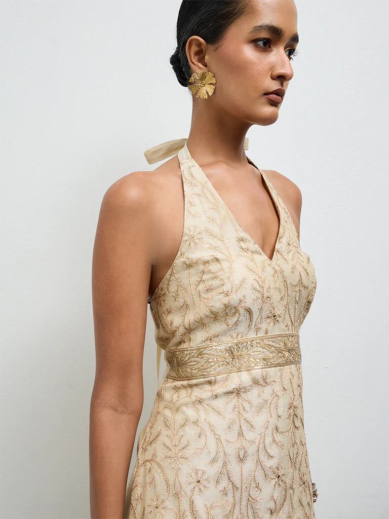 Vark Beige Embroidered A-Line Ethnic Set - Image 3