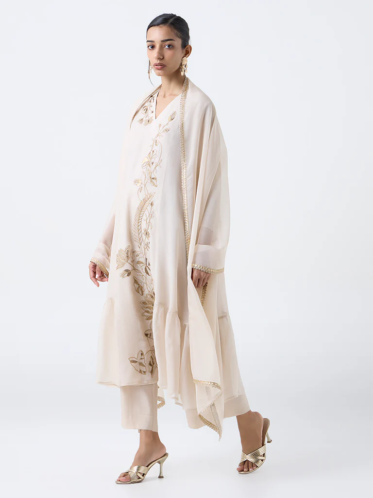 Vark Beige Floral Embroidered A-Line Ethnic Set - Image 2