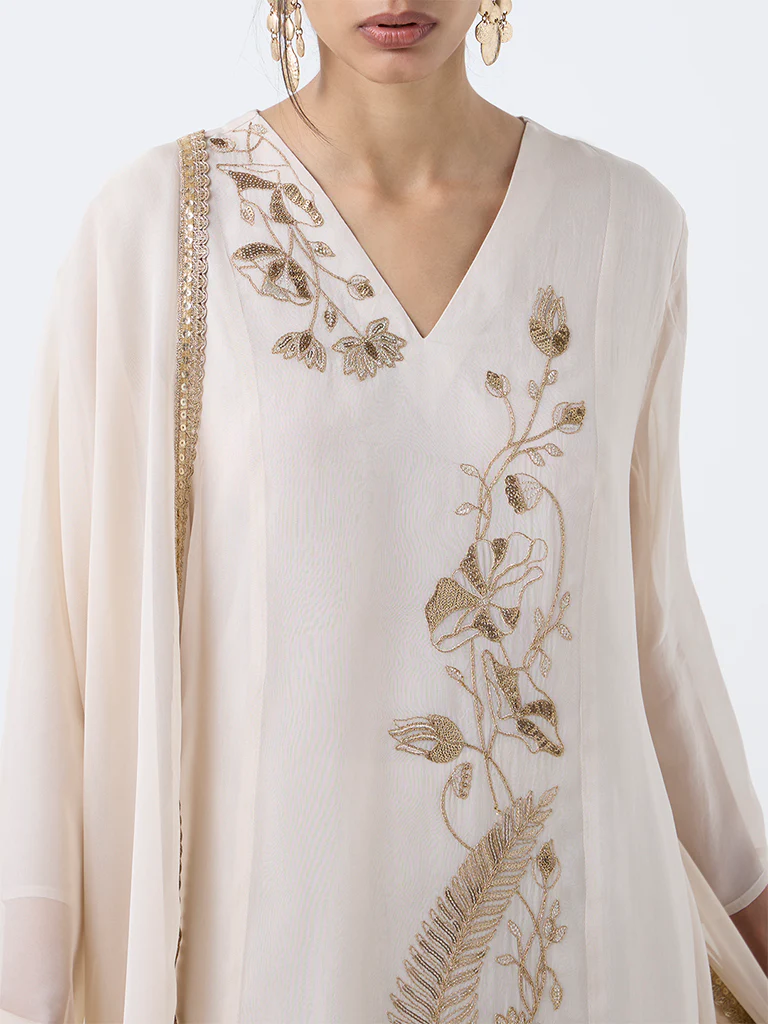 Vark Beige Floral Embroidered A-Line Ethnic Set - Image 3