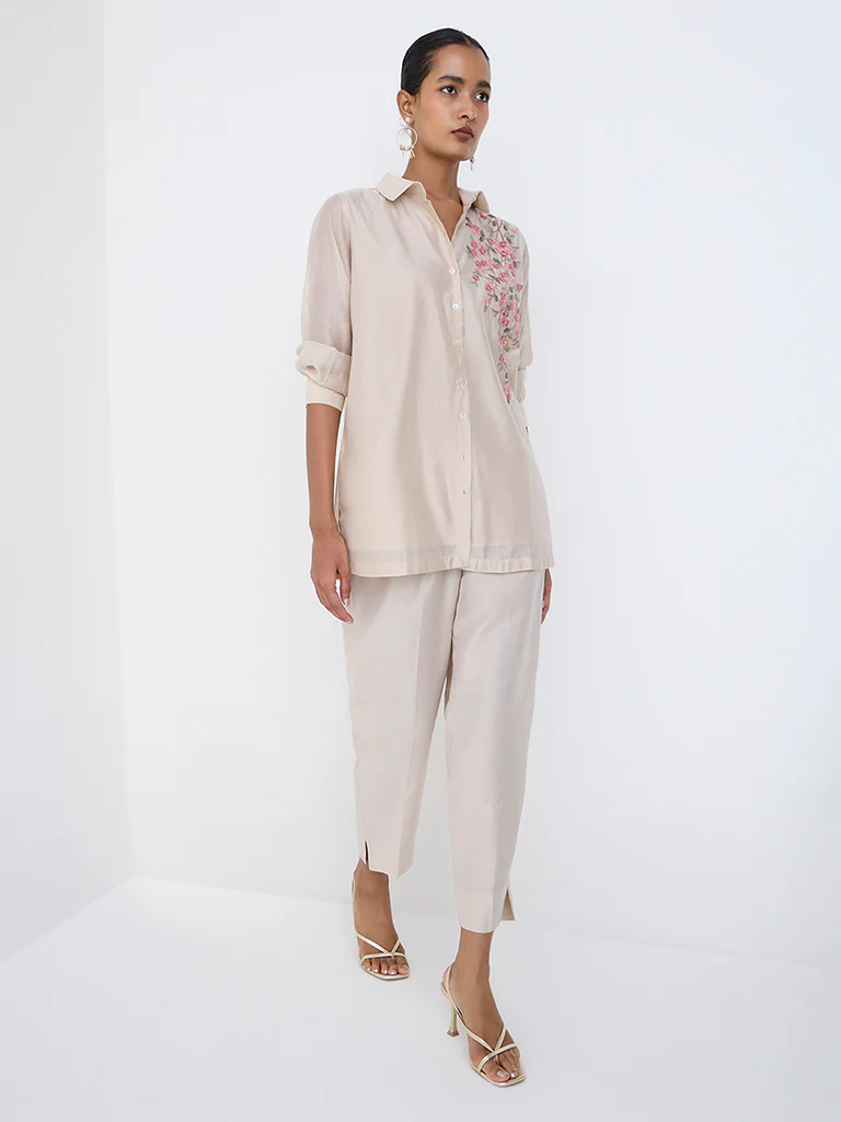 Vark Beige Floral Embroidered Co-ord Set - Image 2