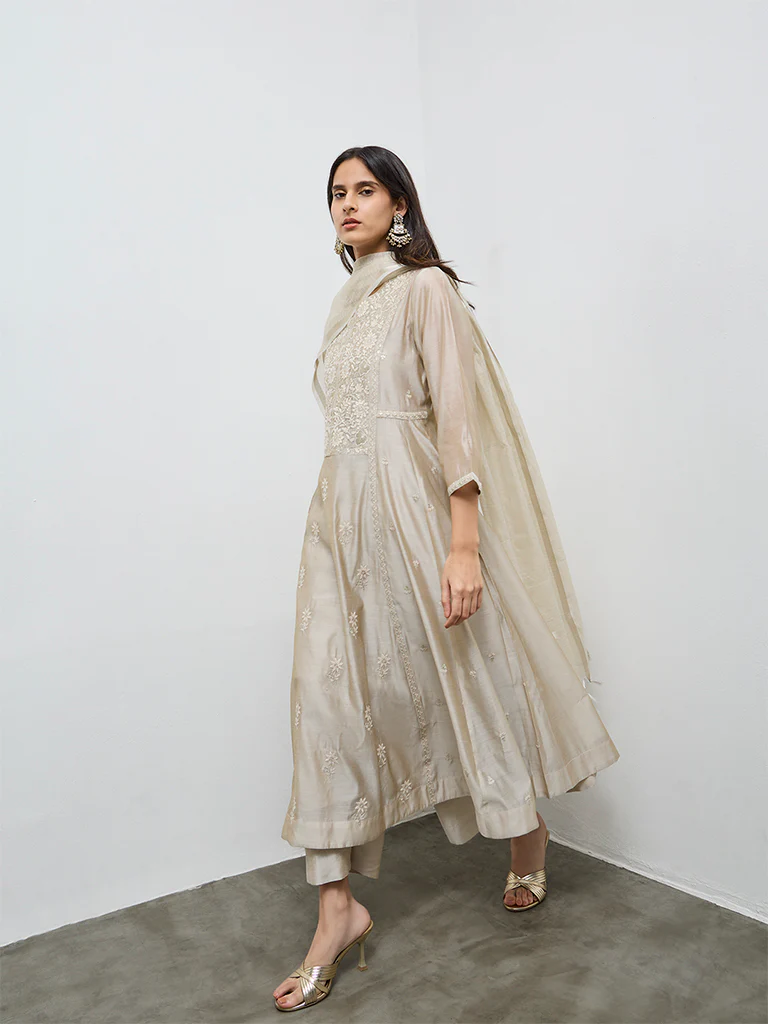 Vark Beige Floral Embroidered Cotton-Blend Anarkali Ethnic Set