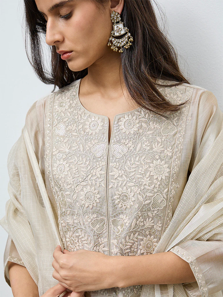 Vark Beige Floral Embroidered Cotton-Blend Anarkali Ethnic Set - Image 3