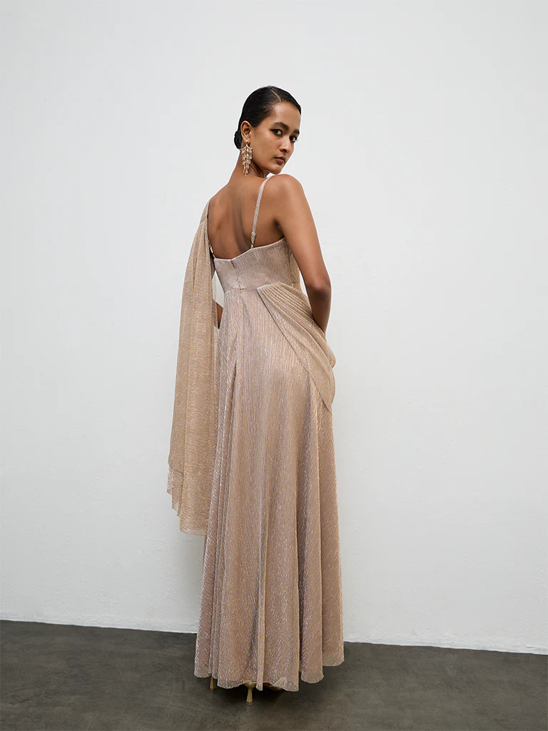 Vark Beige Shimmer Ready-To-Wear Saree - Image 4