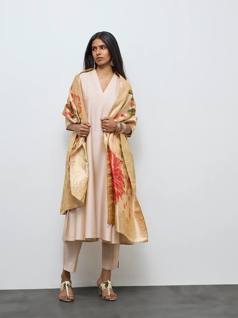 Vark Beige Solid Anarkali Ethnic Set