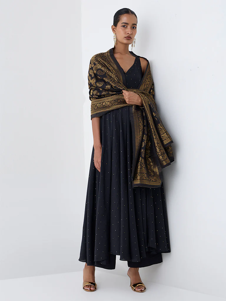 Vark Black Embellished A-Line Ethnic Set