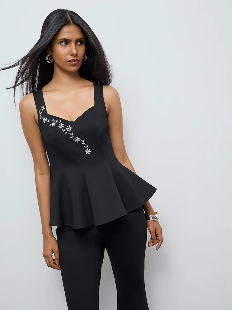 Vark Black Embellished Cotton Peplum Top