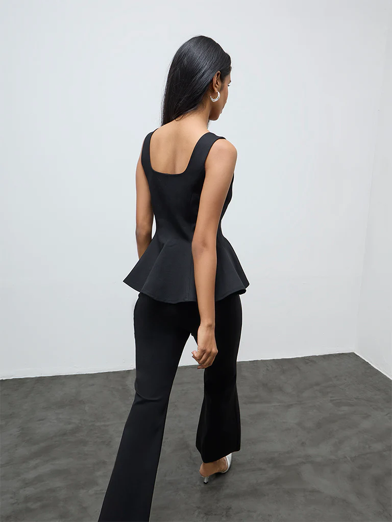 Vark Black Embellished Cotton Peplum Top - Image 4