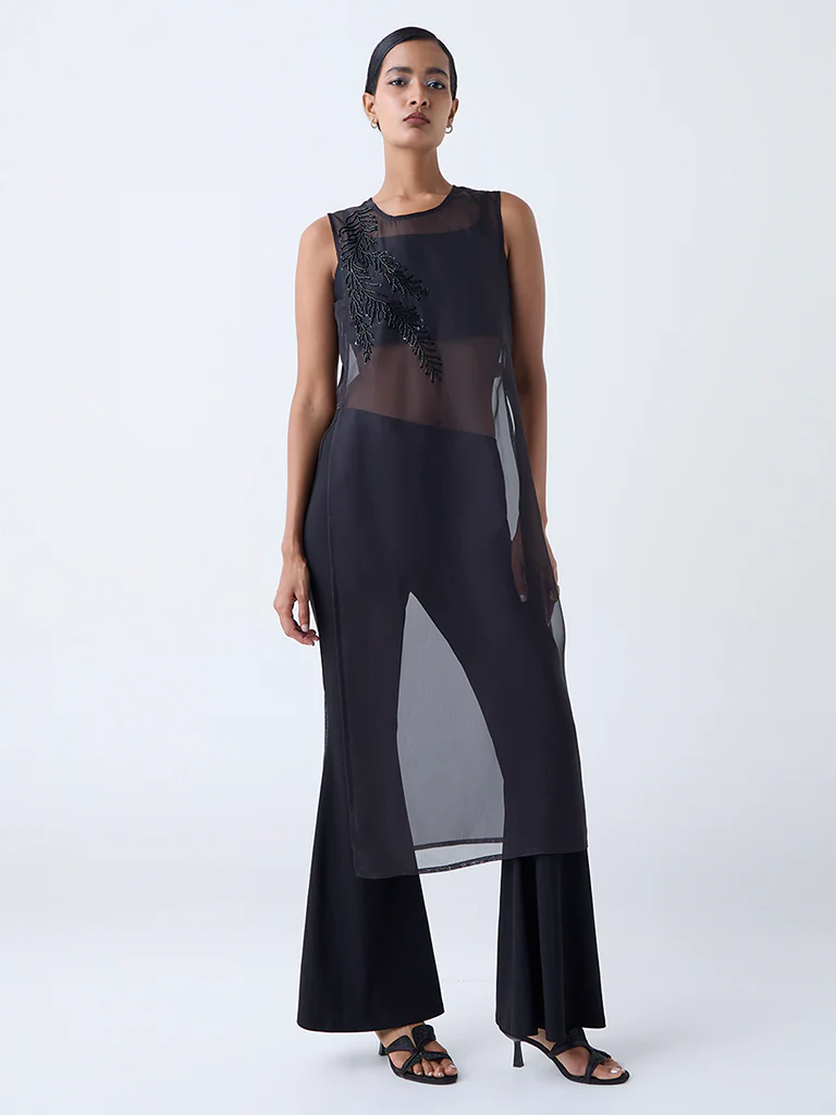 Vark Black Embellished Sheer Kurta with Inner - Image 2