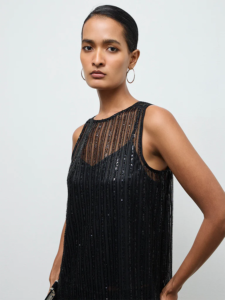 Vark Black Embellished Straight Ethnic Set with a Camisole - Image 3