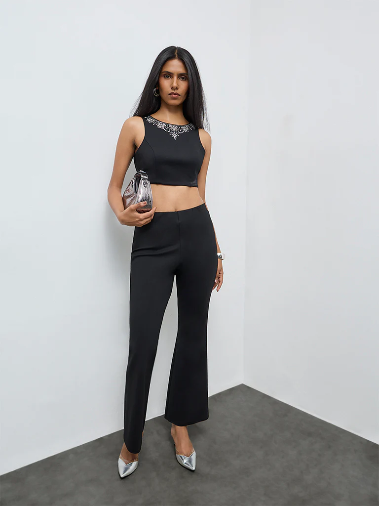 Vark Black Embellished Tie-Up Cotton Top - Image 2