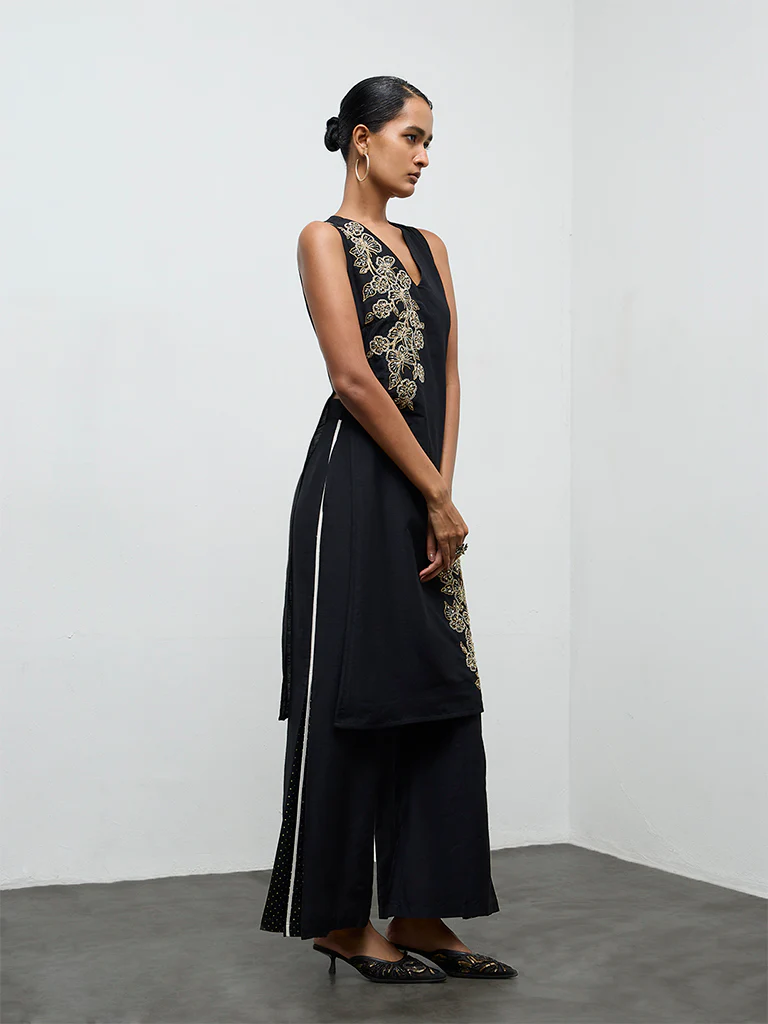 Vark Black Embroidered Straight Ethnic Set - Image 2