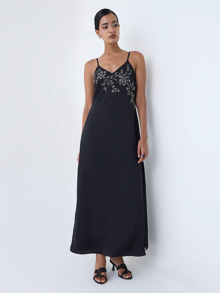 Vark Black Floral Embellished A-Line Dress