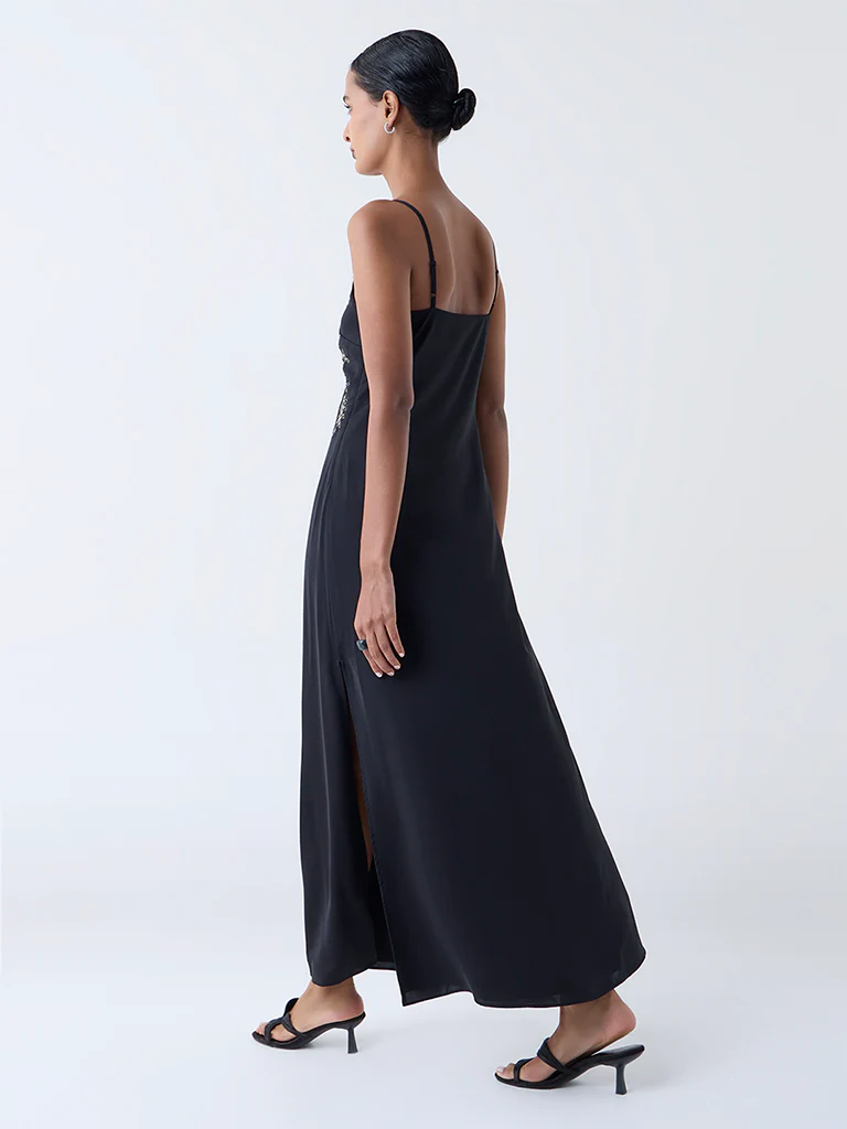 Vark Black Floral Embellished A-Line Dress - Image 4