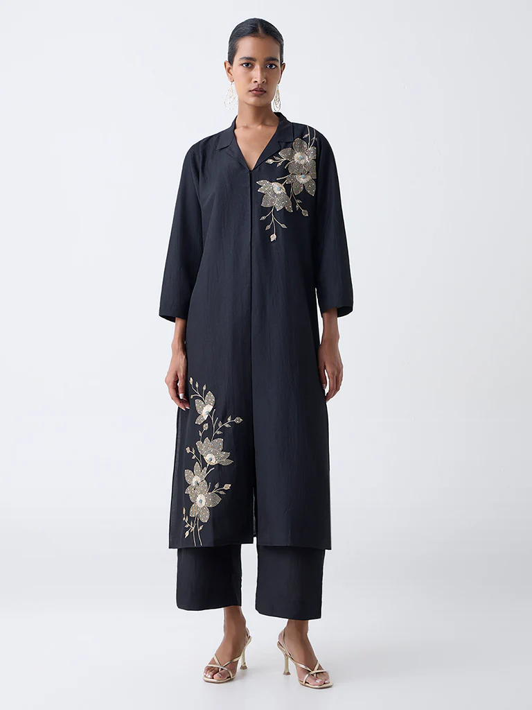 Vark Black Floral Embellished A-Line Ethnic Set