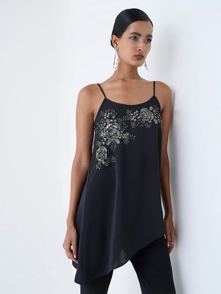 Vark Black Floral Embellished Asymmetrical Top