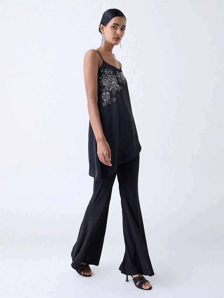 Vark Black Floral Embellished Asymmetrical Top - Image 2