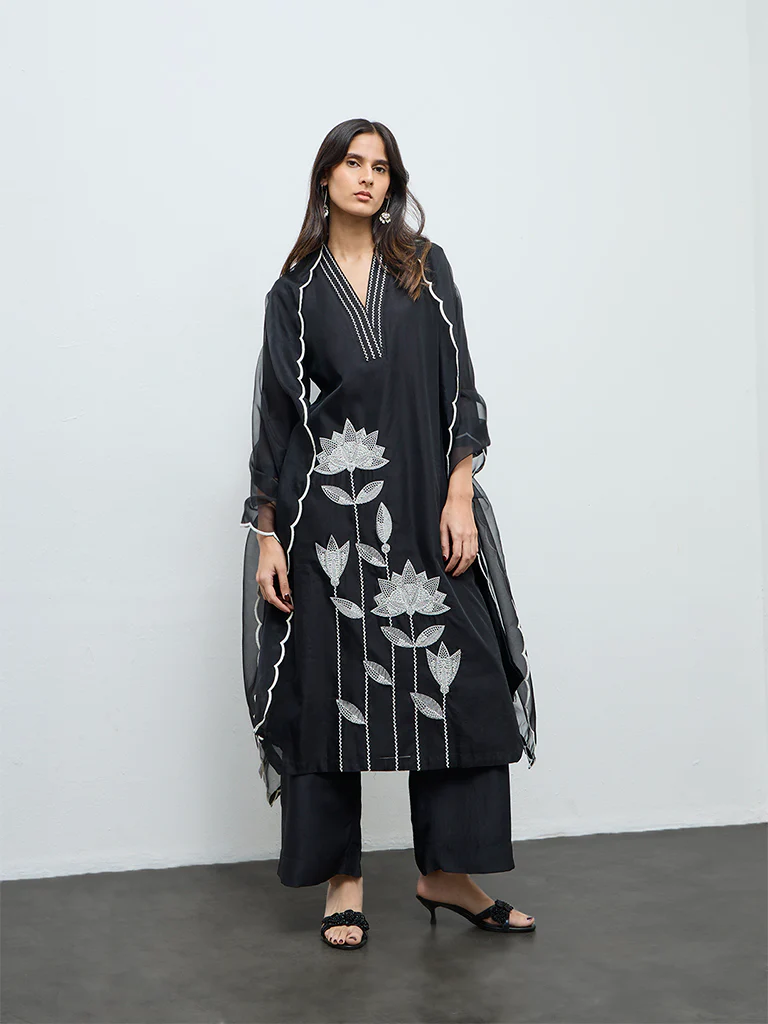 Vark Black Floral Embroidered A-Line Ethnic Set