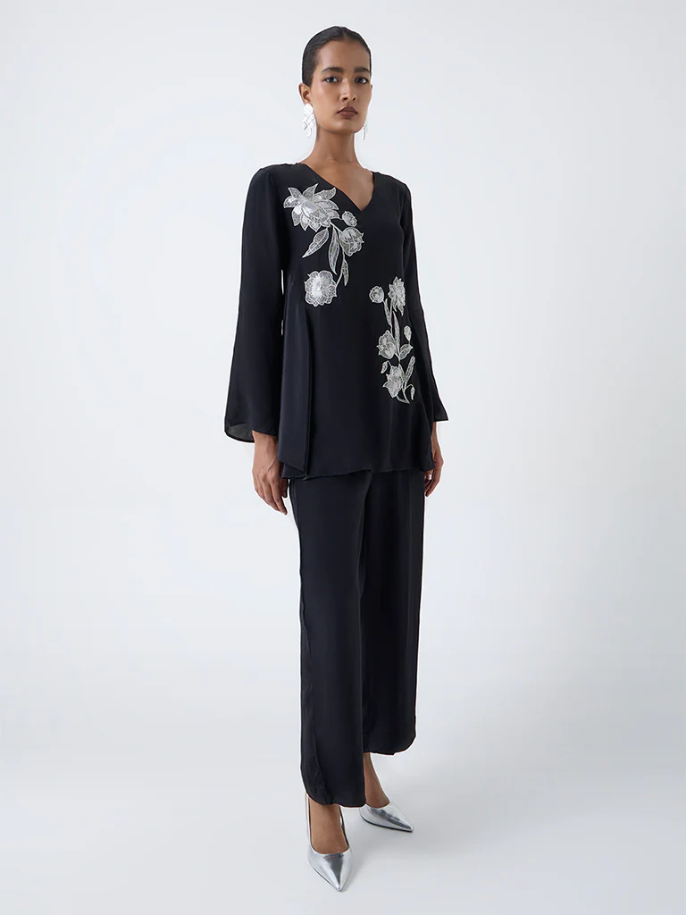 Vark Black Floral Embroidered Ethnic Set - Image 2