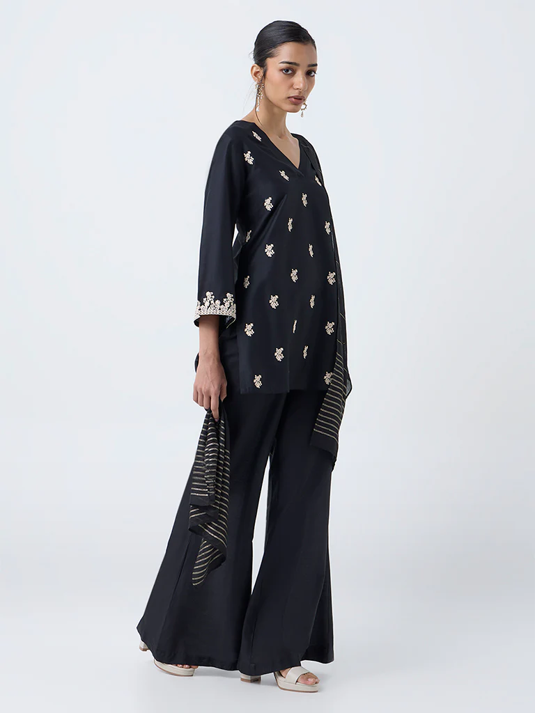 Vark Black Floral Embroidered Straight Ethnic Set - Image 2