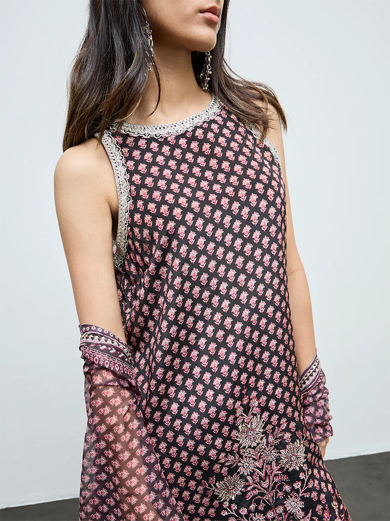 Vark Black Floral Printed A-Line Ethnic Set - Image 3