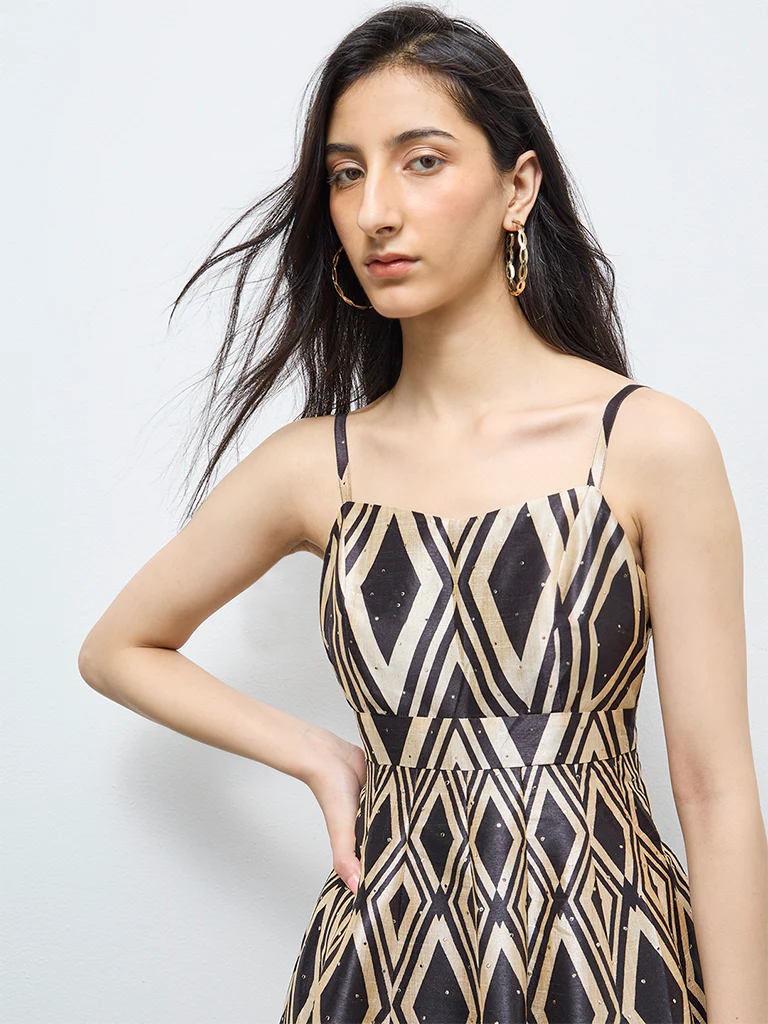 Vark Black Geometric Printed A-Line Dress - Image 3