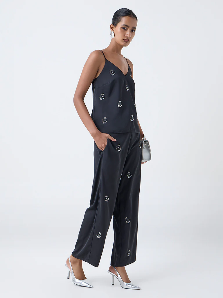 Vark Black Sequin Embellished Top and Pants Set - Image 2
