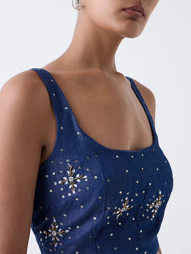 Vark Blue Embellished Cotton Ethnic Top - Image 3