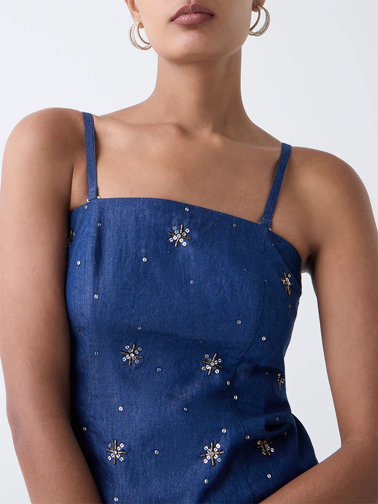 Vark Blue Embellished Cotton Tube Top - Image 3