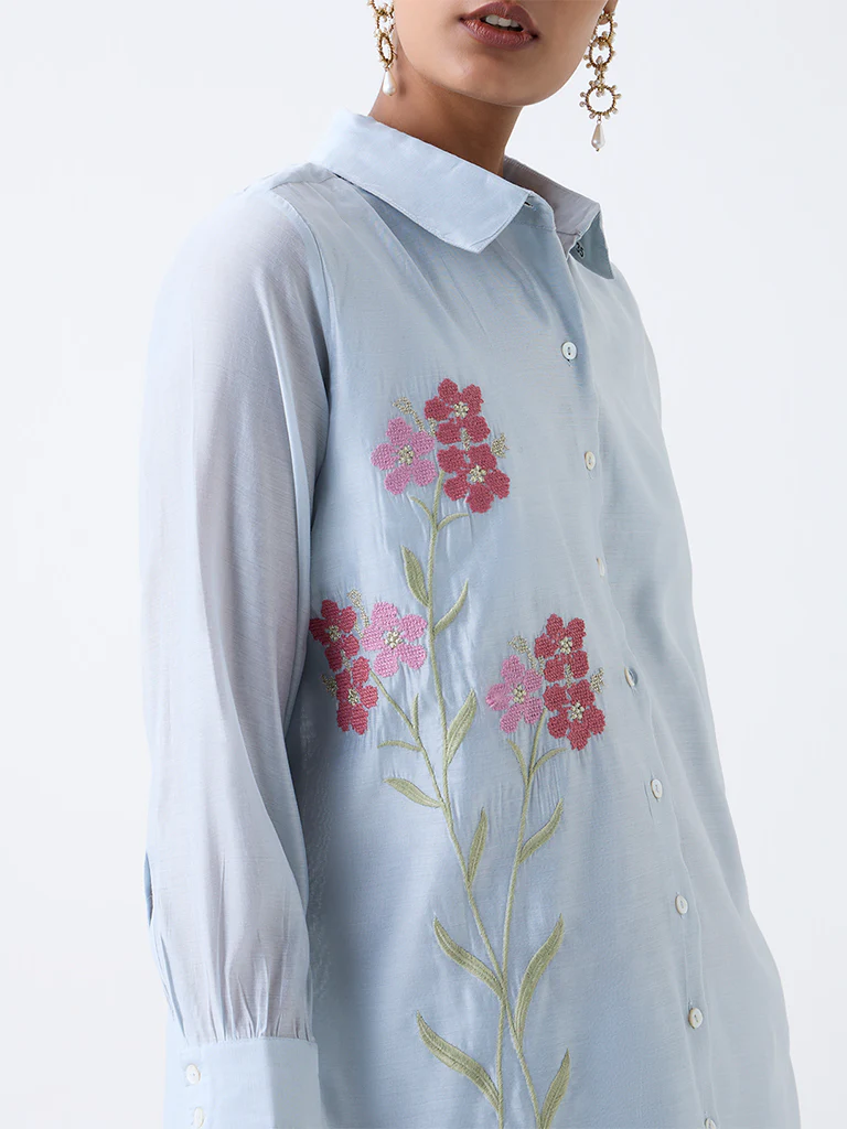 Vark Blue Floral Embroidered Co-ord Set - Image 3
