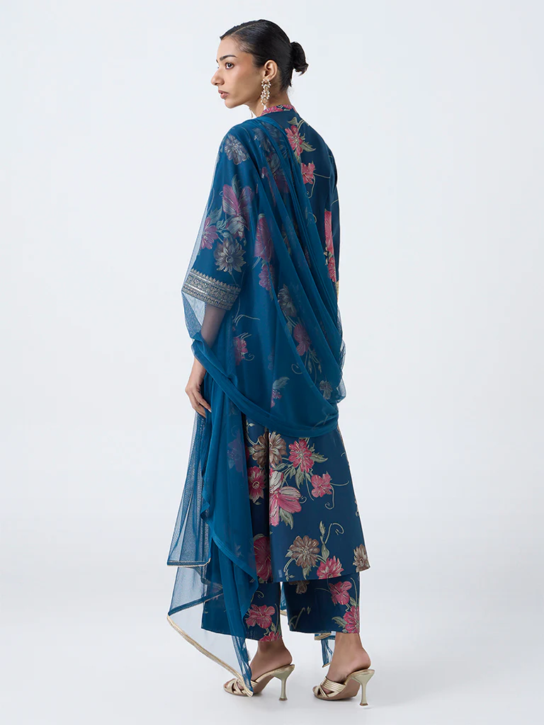 Vark Blue Floral Pattern A-Line Ethnic Set - Image 4