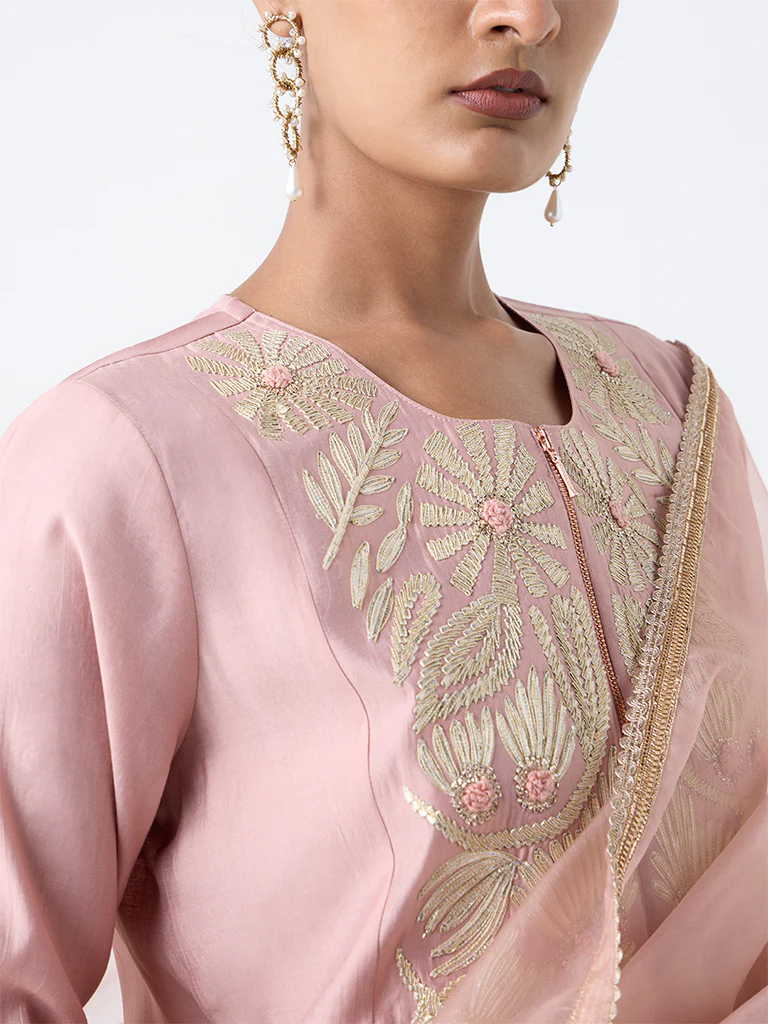 Vark Blush Pink Floral Embroidered A-Line Cotton-Blend Ethnic Set - Image 3