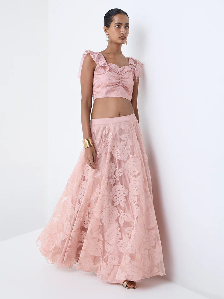 Vark Blush Pink Floral Pattern Cotton-Blend Skirt