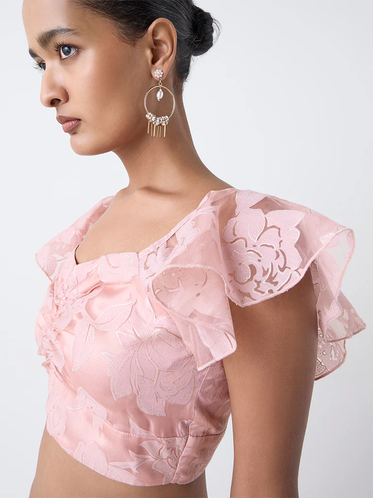 Vark Blush Pink Floral Printed Cotton-Blend Ethnic Blouse - Image 3