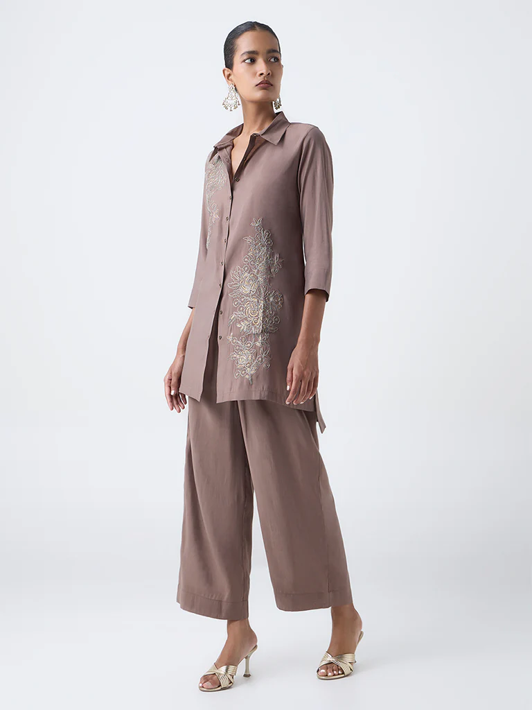 Vark Brown Floral Embroidered Co-ord Set
