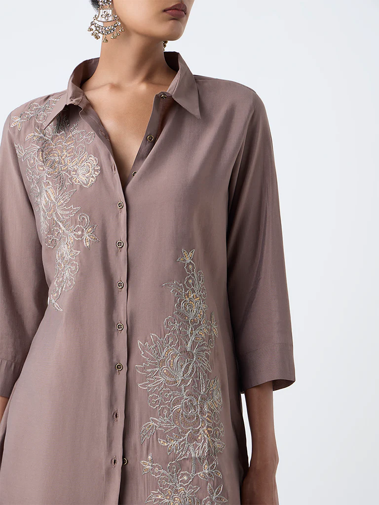 Vark Brown Floral Embroidered Co-ord Set - Image 3