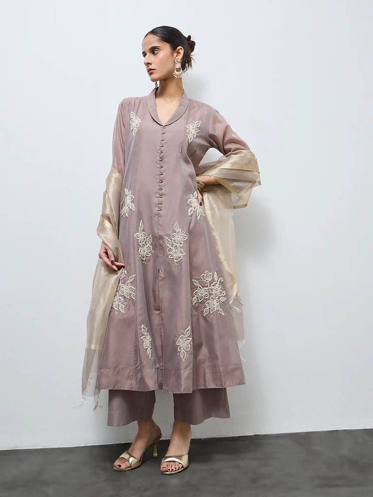 Vark Brown Floral Embroidered Cotton-Blend A-Line Ethnic Set