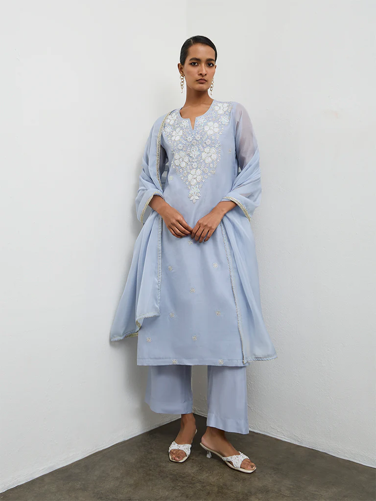 Vark Dusty Blue Embellished A-Line Ethnic Set