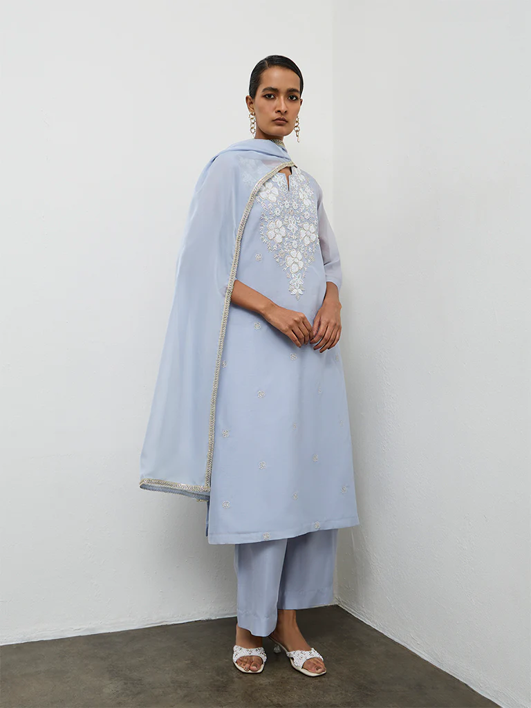 Vark Dusty Blue Embellished A-Line Ethnic Set - Image 2