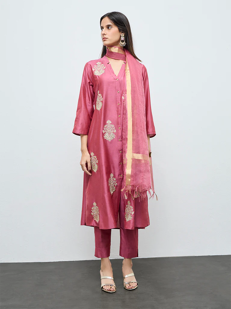 Vark Dusty Pink Embroidered A-Line Ethnic Set - Image 2