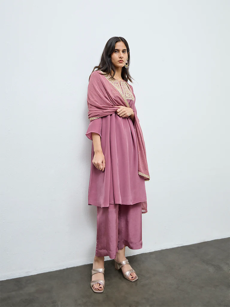 Vark Dusty Pink Embroidered A-Line Ethnic Set