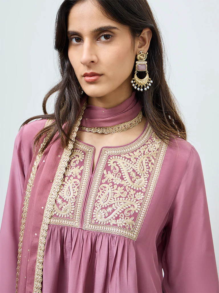 Vark Dusty Pink Embroidered A-Line Ethnic Set - Image 3