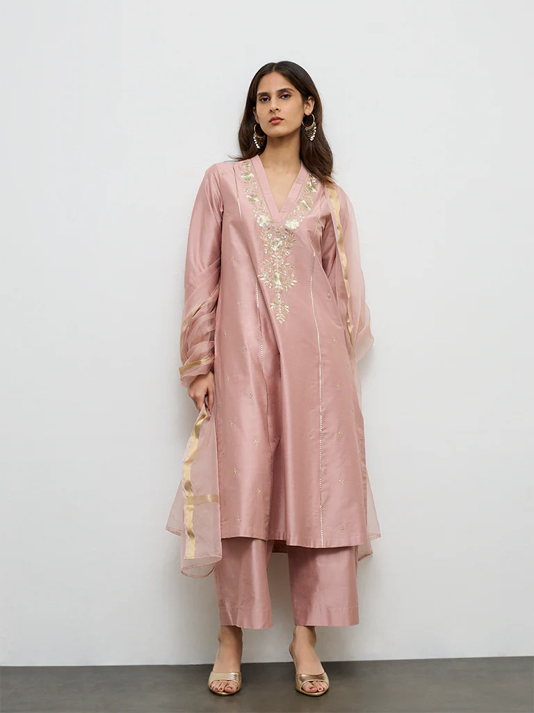 Vark Dusty Pink Embroidered A-Line Ethnic Set
