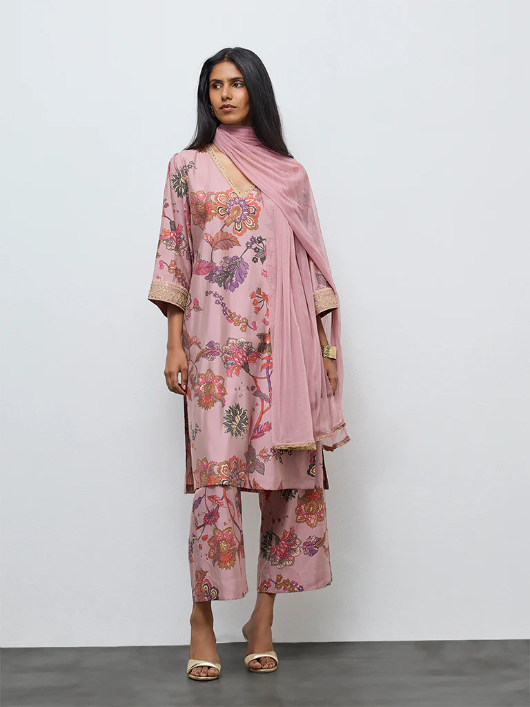 Vark Dusty Pink Floral A-Line Ethnic Set
