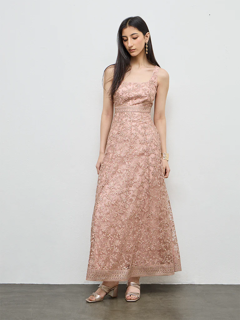 Vark Dusty Pink Floral Embroidered A-Line Dress