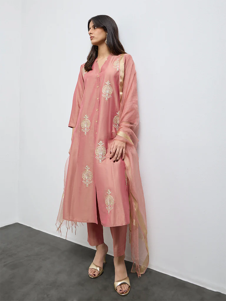 Vark Dusty Pink Floral Embroidered A-Line Ethnic Set