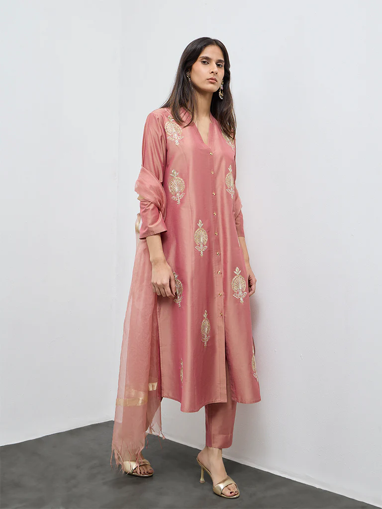 Vark Dusty Pink Floral Embroidered A-Line Ethnic Set - Image 2