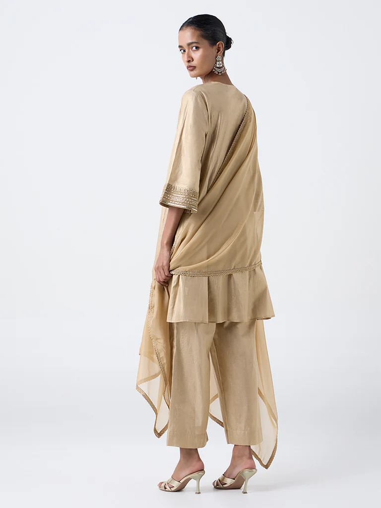 Vark Gold Embroidered Cotton-Blend A-Line Set - Image 4